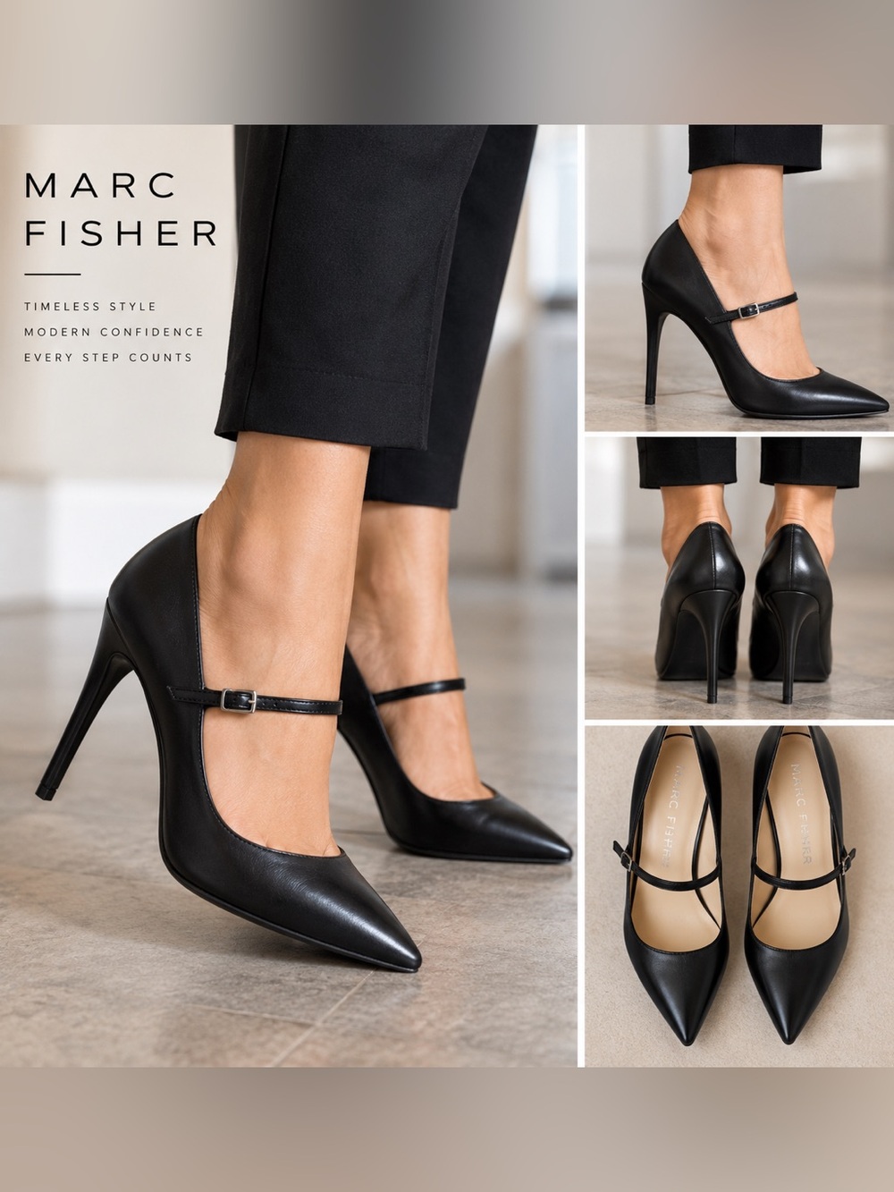 Marc Fisher Black Leather Mary Jane Pointed-Toe Stiletto